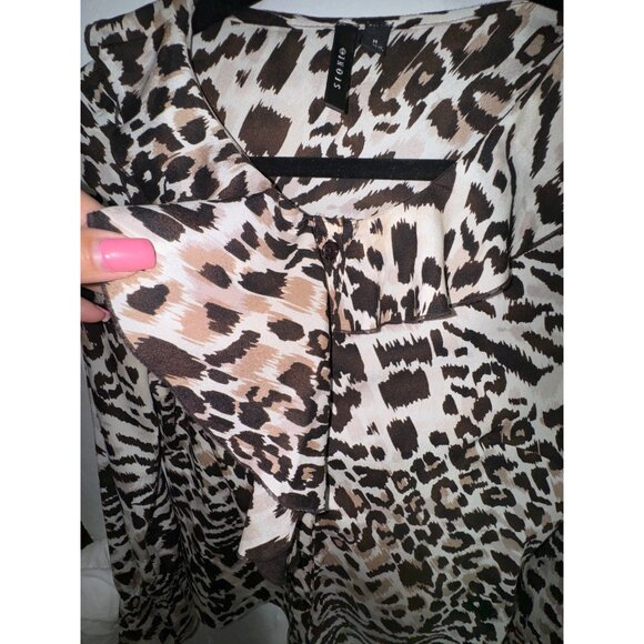 Leopard Print Blouse Ruffle Collar & Cuffs Medium Classic Boho Rock Punk Wild - Picture 5 of 6